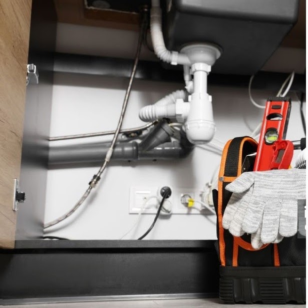 Plumber's tool bag on floor under kitchen sink